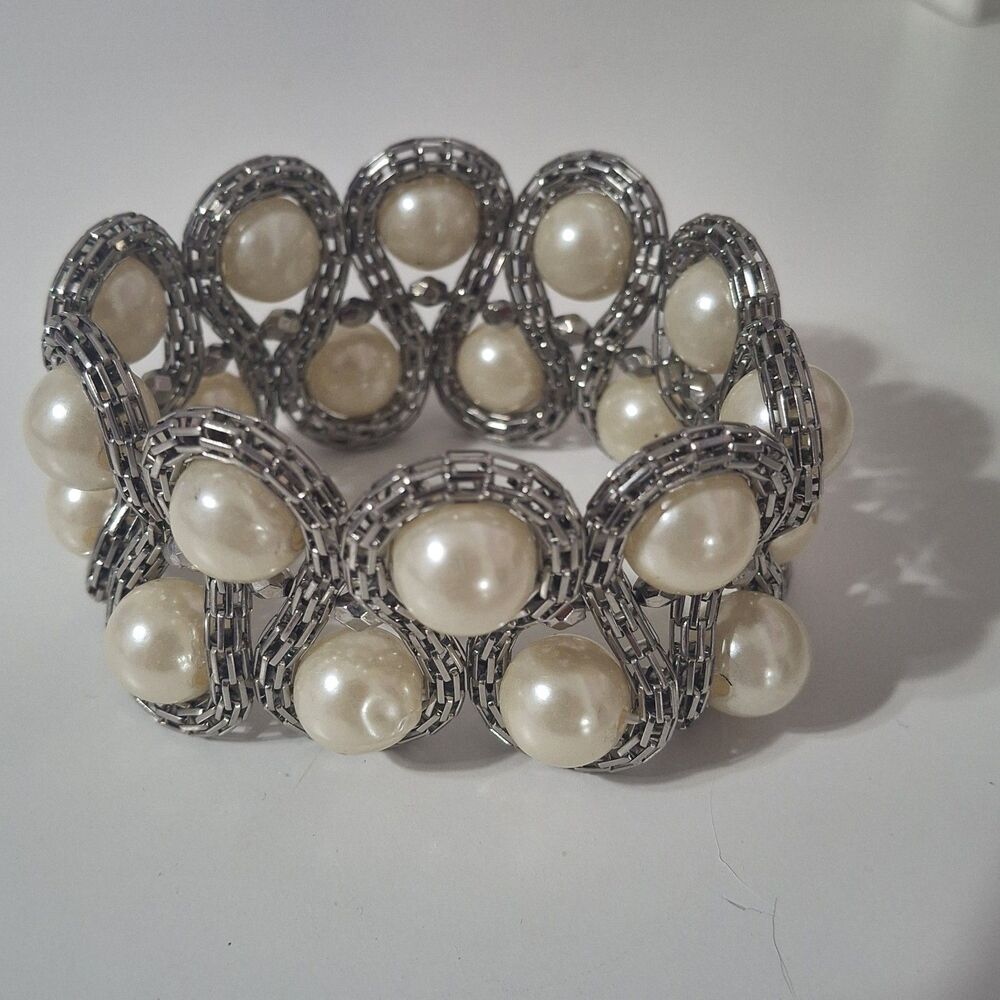 Metal Faux Pearl Bead Stretch Thick Chunky Wide Fashion Costume Bracelet